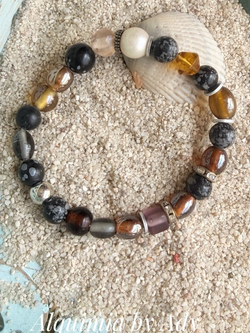 Yellow, Brown & Gray Beaded Stretch Bracelet with snowflake obsidian